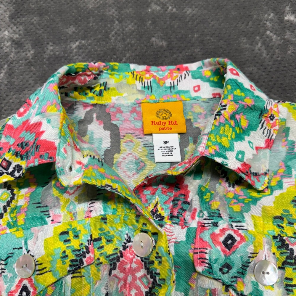 Ruby Rd Petite Tribal Geometric Print Button Front Jacket Multi Color Size 8P - Picture 3 of 6
